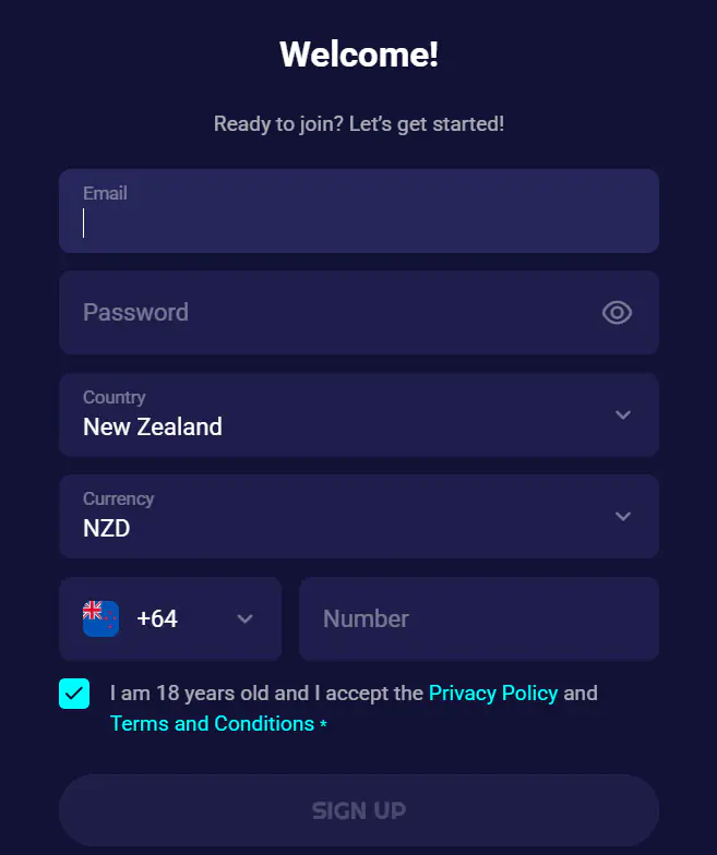 Spinjo Casino Account Registration Form